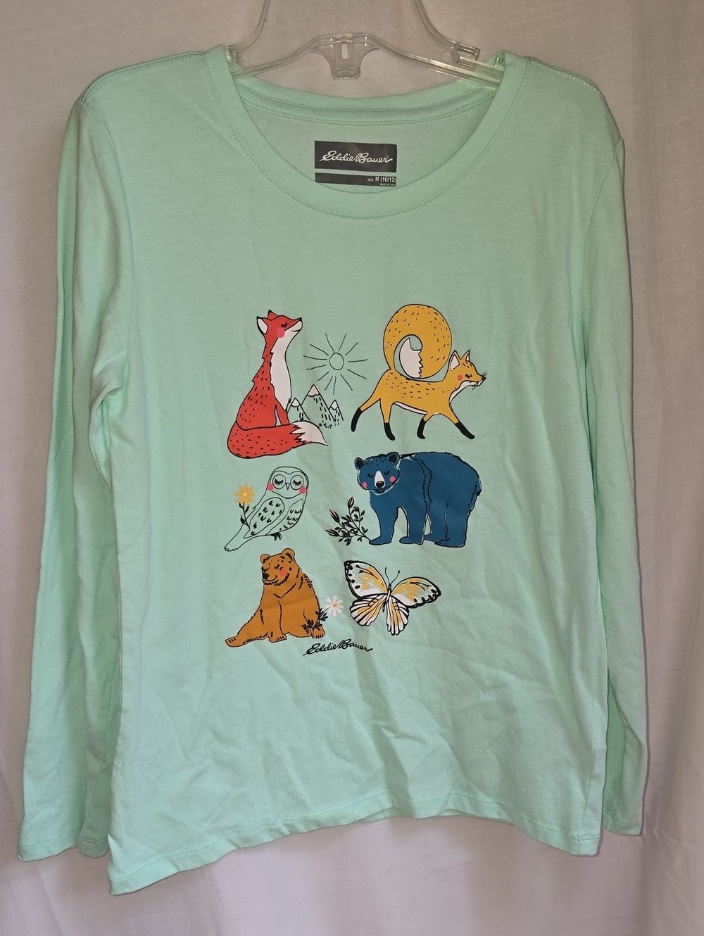 Eddie Bauer Light Mint Long-Sleeve Tee with Colorful Woodland Animal Prints